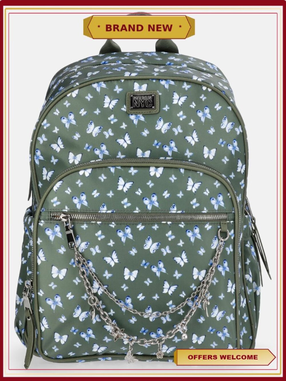 Butterfly Print Dome Backpack with Chain Charm, Laptop Sleeve